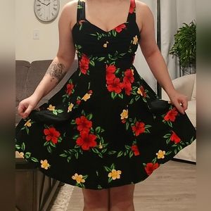 Black Floral Mini Dress with Red & Yellow Blooms